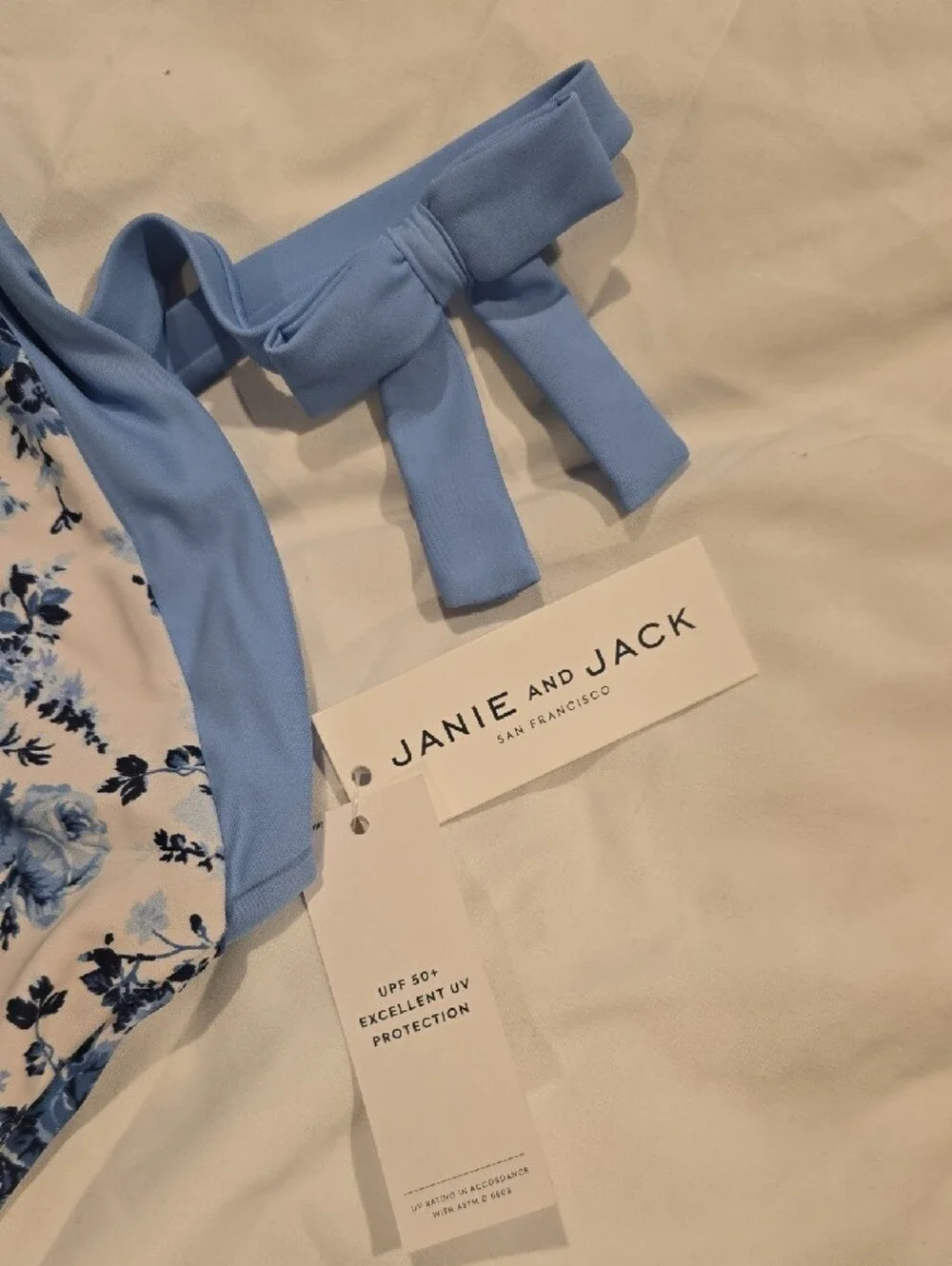 Janie and Jack Light Blue Floral One-Piece Swimmsuit Wit Bow Straps Size 18Girls